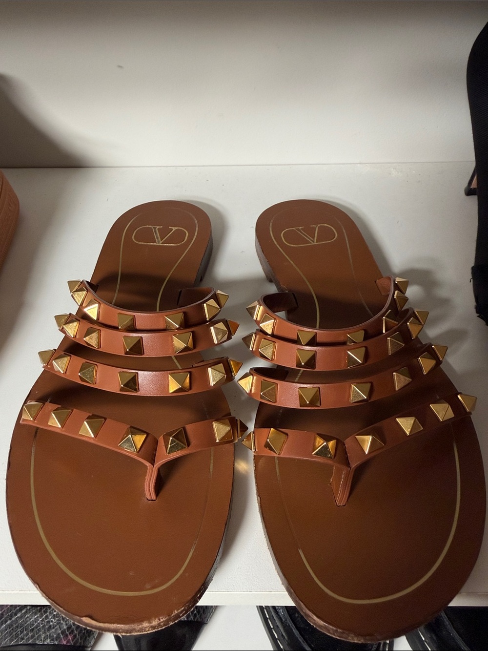 Valentino Garavani Tan Leather Pyramid-Stud Slide Sandals